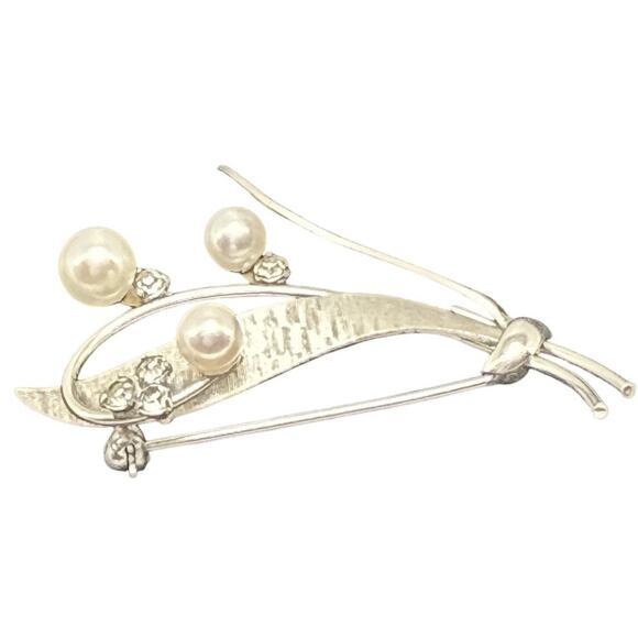 Krementz Pearl & Rhinestone Floral Brooch Silver Tone Signed Vintage - Picture 4 of 8